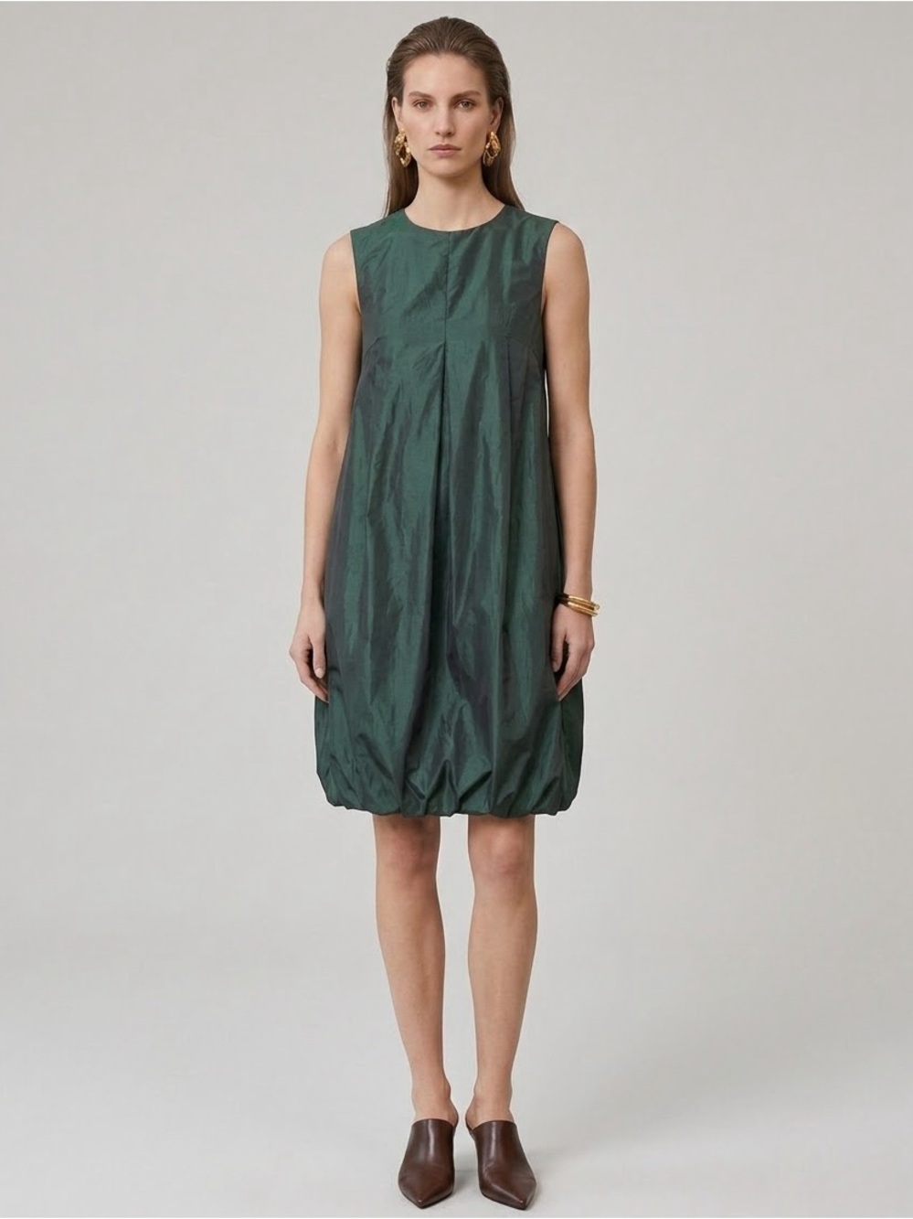 'S Max Mara Silk Blend Bubble Pockets Shift Midi Dress 6 Relaxed Crew Dark Green